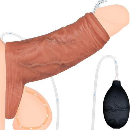 Open-Head Silicone Penis Sleeve with Squirting System and Testicle Ring