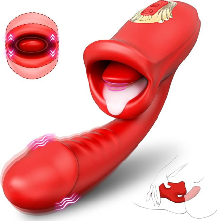 3-in-1 Licking, Vibrating, and Ribbed Curved G-Spot Dildo Vibrator
