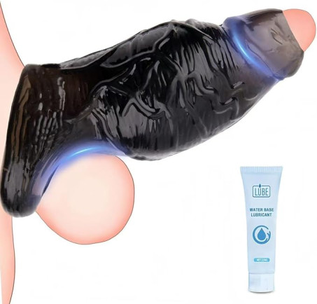 Semi-Open Tip TPE Penis Sleeve Extender with Girth Boost and Testicle Ring